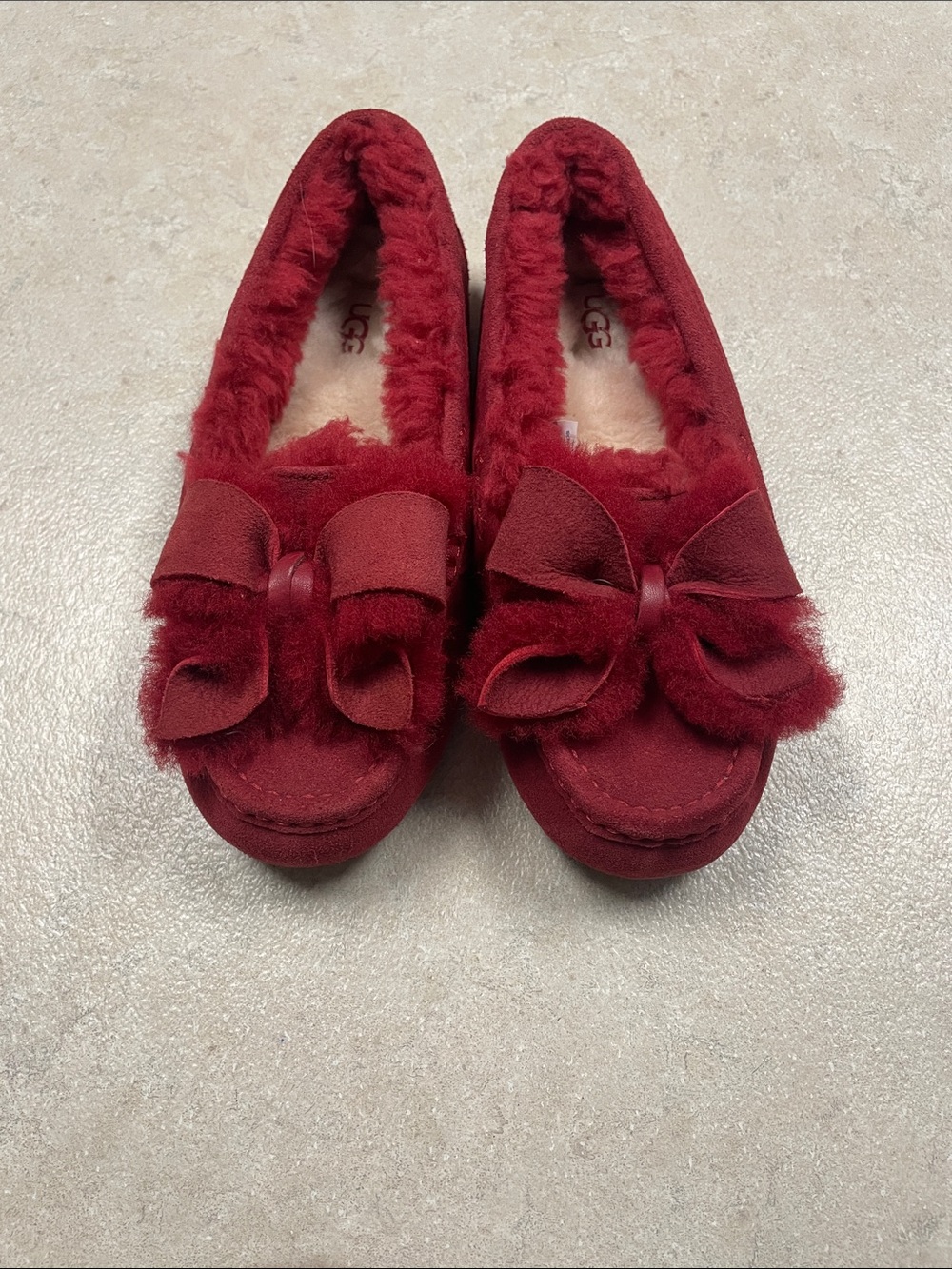 UGG Women’s Red Suede Bow-Trim Moccasin Slippers
